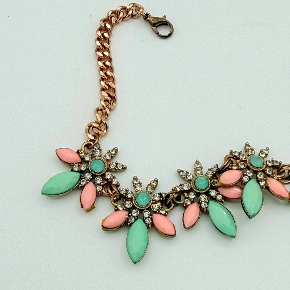 Pastel Rhinestone Floral Statement Bracelet Mint Pink Gold Tone Glam